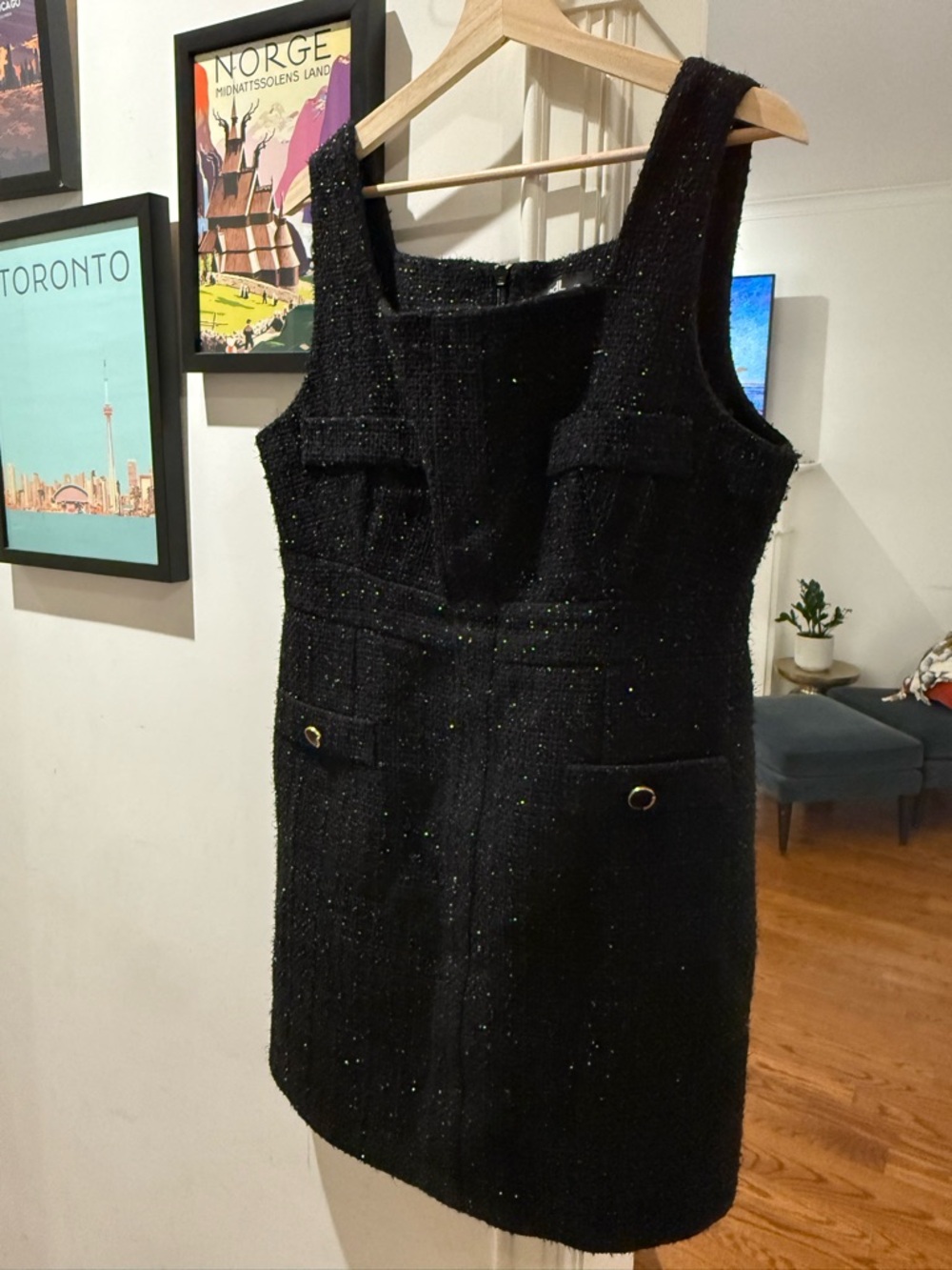 Sleeveless Black Tweed Mini Dress with Pocket Detail